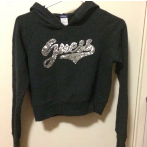 Black cropped Guess hoodie w/ sequin logo - Picture 1 of 3